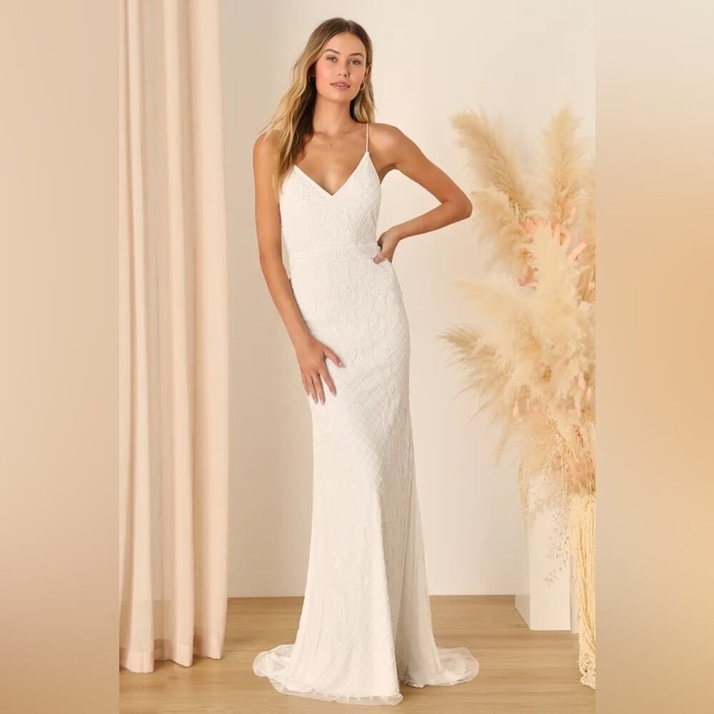 Lulus Luxe Cherished Vow White Beaded Backless Mermaid Maxi Dress MEDIUM